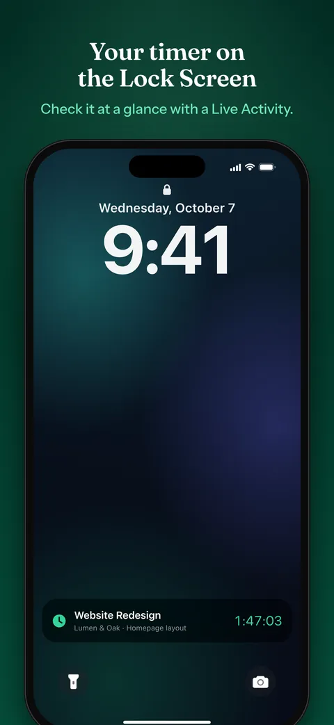 The iPhone Lock Screen with Hourly's Live Activity showing Website Redesign, Lumen & Oak, and the running time.