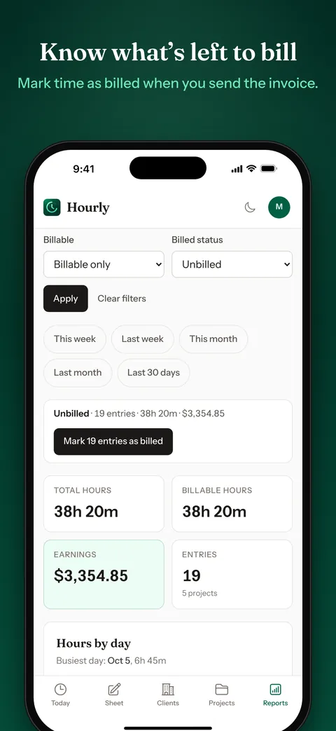 Reports filtered to unbilled time, with a button to mark 19 entries as billed.